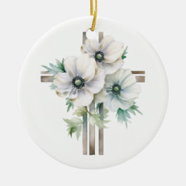 白アネモネの花が十字に並ぶ セラミックオーナメント