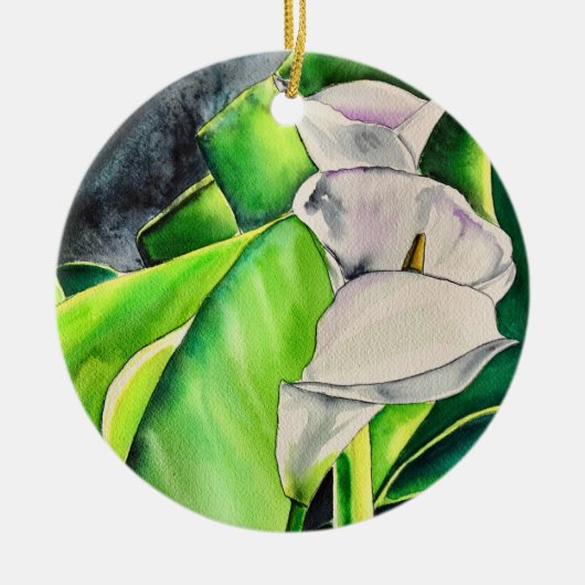 白アルムリリー水彩熱帯フローラ セラミックオーナメント (正面)