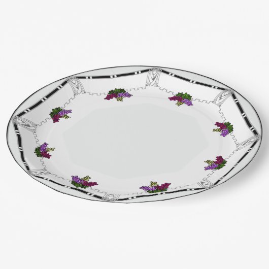 白アールデコ – 黒、銀、紫のブドウ縁ど ペーパープレート (アングル)