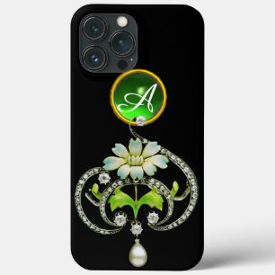 白エナメル花、真珠およびダイヤモンドのモノグラム iPhone 13 PRO MAXケース