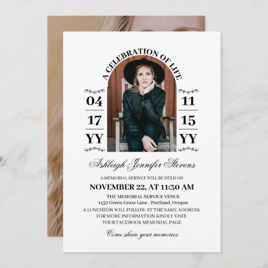 白エレガントいアーチ写真Aライフお祝い 招待状 (正面/裏面)