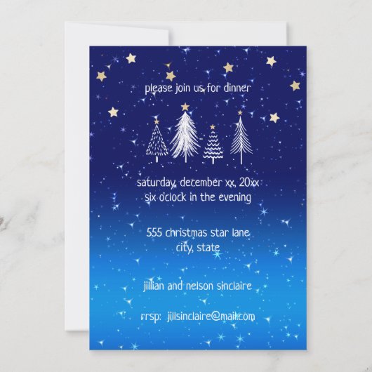 白エレガントいクリスマスツリー金ゴールドスターズディナー 招待状 (裏面)