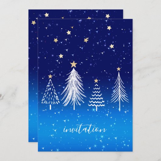 白エレガントいクリスマスツリー金ゴールドスターズディナー 招待状 (正面/裏面)