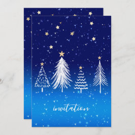 白エレガントいクリスマスツリー金ゴールドスターズディナー 招待状