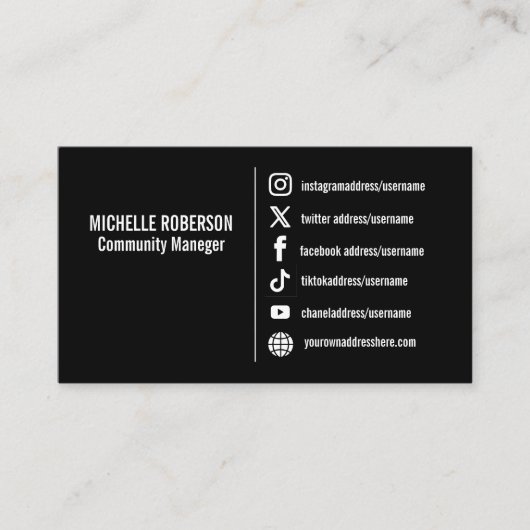 白エレガントいソーシャルメディアのアイコン黒い背景 名刺 (正面)