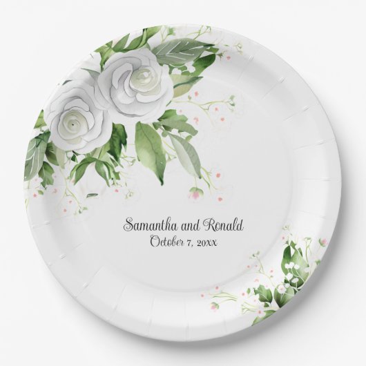白エレガントいバラと赤ん坊の息結婚の ペーパープレート (正面)