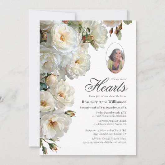 白エレガントいバラ永遠に私たちのハート葬儀 招待状 (正面)