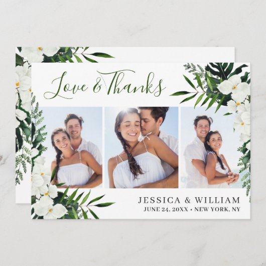 白エレガントいランボヘミ結婚アンの3枚の写真 サンキューカード (正面/裏面)