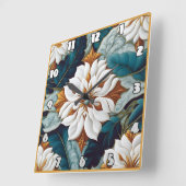 白エレガントい花とティール(緑がかった色)離れの開花 スクエア壁時計 (傾斜)