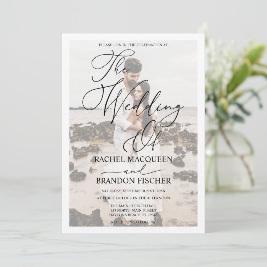 白エレガントい額結婚縁のカップルの写真 招待状 (スタンド正面)