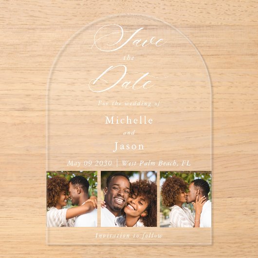 白エレガントい3フォトストリップ結婚式の日付を保存 アクリル招待状 (正面)