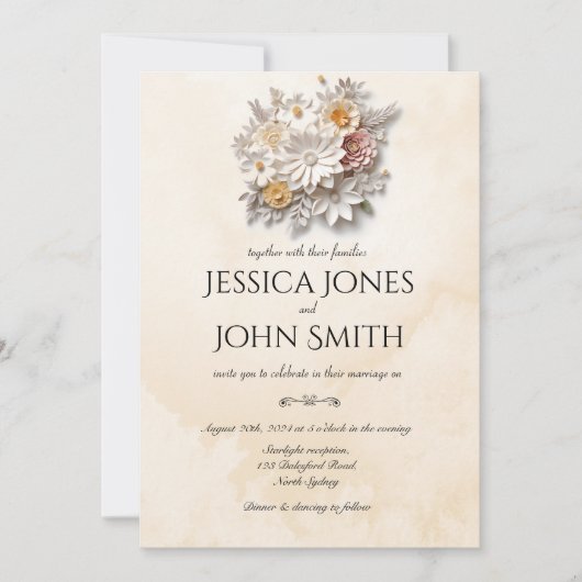 白エレガントい3Dフローラミニマル結婚式招待状 招待状 (正面)