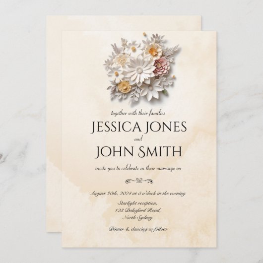 白エレガントい3Dフローラミニマル結婚式招待状 招待状 (正面/裏面)