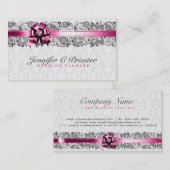 白エレガントとグレーのフローラダマスク&レース 名刺 (正面/裏面)