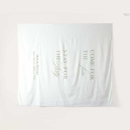 白エレガントとセージ緑の結婚ウェルカムバナー タペストリー (正面(横))