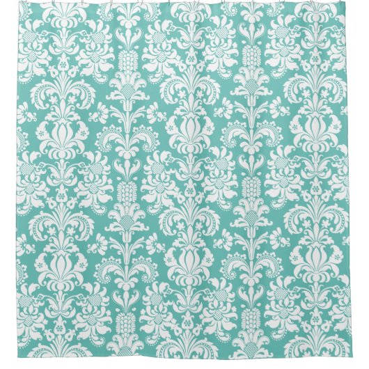 白エレガントとターコイズのフローラマスクのパターン シャワーカーテン (正面)