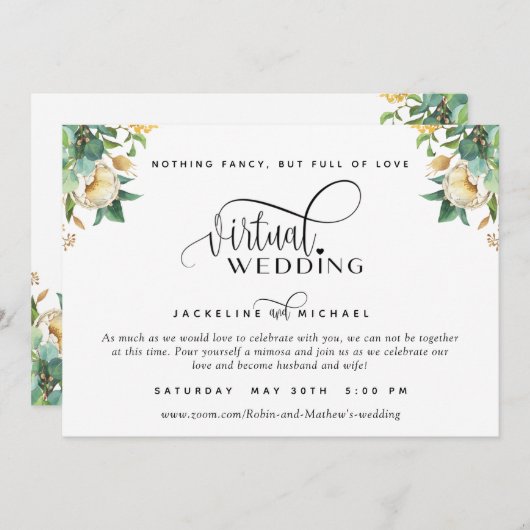 白エレガントとハニーのフローラ仮想の結婚Inv 招待状 (正面/裏面)