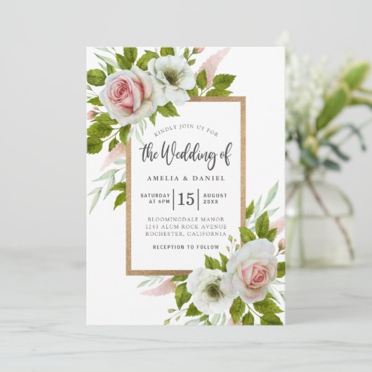 白エレガントとピンクのフローラウォーター結婚カラー 招待状 (スタンド正面)