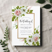 白エレガントとピンクのフローラウォーター結婚カラー 招待状