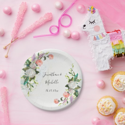 白エレガントとピンクの油絵を描バラ結婚s ペーパープレート (パーティー)