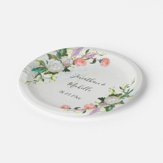 白エレガントとピンクの油絵を描バラ結婚s ペーパープレート (アングル)