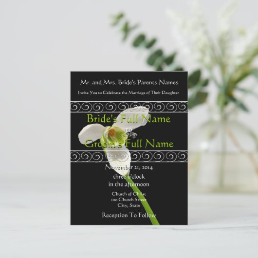 白エレガントとライム結婚式招待状 インビテーションポストカード (スタンド正面)