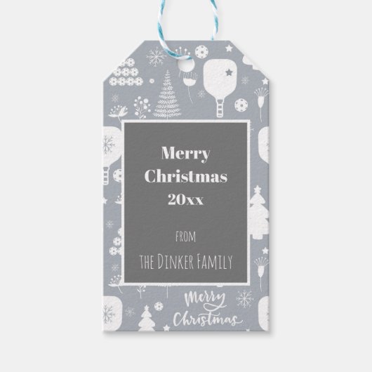 白エレガントと灰色のメリークリスマス水平 ギフトタグ (正面)