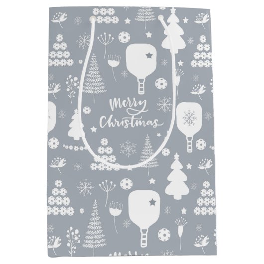 白エレガントと灰色のメリークリスマス ミディアムペーパーバッグ (正面)