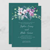 白エレガントと紫のフローラグリ結婚ーン 招待状 (正面/裏面)