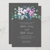白エレガントと紫のフローラグレイ結婚ズ 招待状 (正面/裏面)