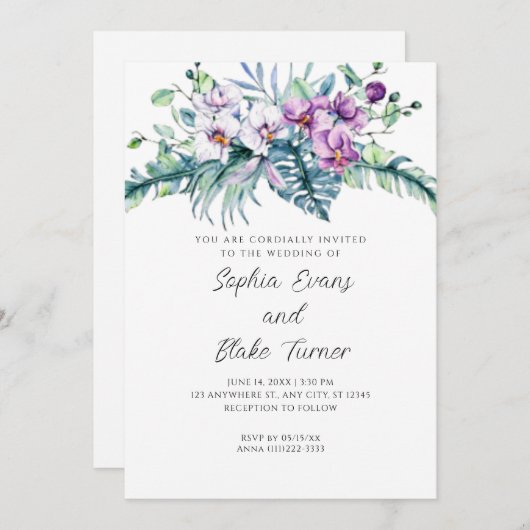 白エレガントと紫のフローラ白結婚の 招待状 (正面/裏面)