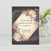 白エレガントと紫の花日付カードを保存 招待状 (スタンド正面)