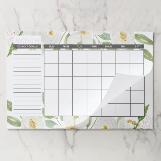 白エレガントと緑のフローラの毎月カレンダー ペーパーパッド (折り畳み)