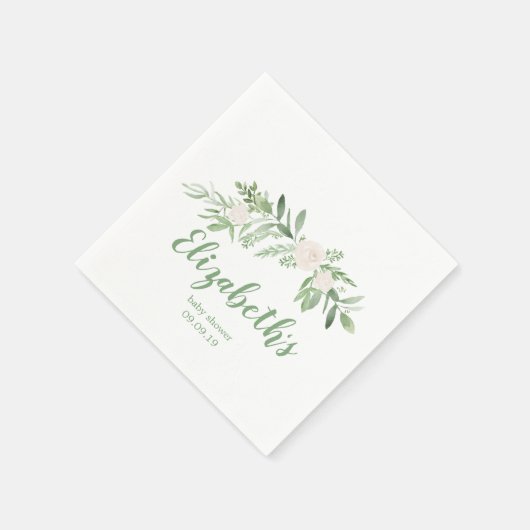 白エレガントと緑のフローラの赤ちゃんシャワー スタンダードカクテルナプキン (角)