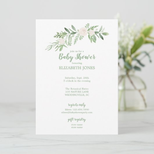 白エレガントと緑のフローラの赤ちゃんシャワー 招待状 (スタンド正面)