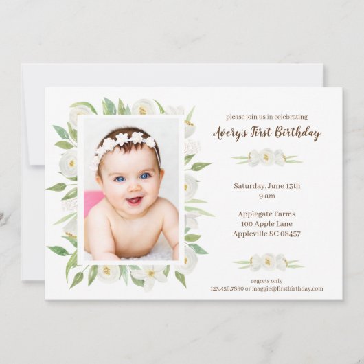 白エレガントと緑のフローラベビーの誕生日 招待状 (正面)