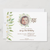 白エレガントと緑のフローラベビーの誕生日 招待状 (正面)