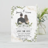 白エレガントと緑のフローラ水の色結婚の 招待状 (スタンド正面)