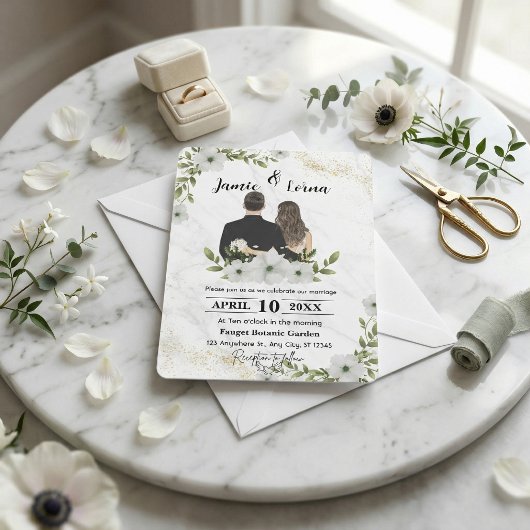 白エレガントと緑のフローラ水の色結婚の 招待状