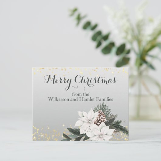 白エレガントと緑の冬のフローラクリスマス シーズンポストカード (スタンド正面)