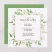 白エレガントと緑の水色のフローラ結婚 招待状 (正面/裏面)