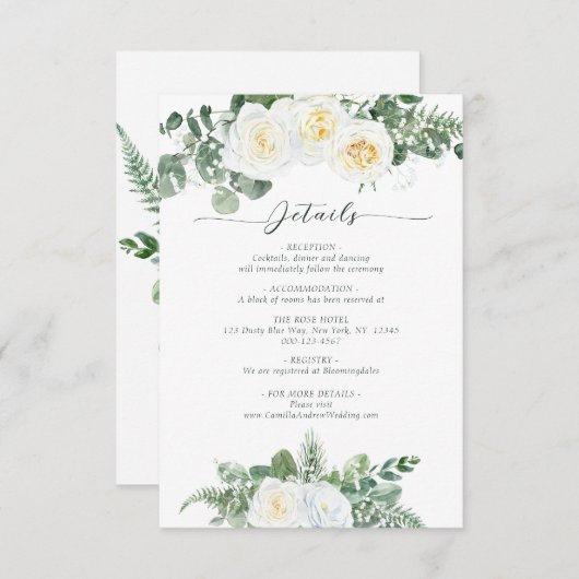 白エレガントと緑の花結婚の詳細 エンクロージャーカード (正面/裏面)