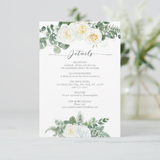 白エレガントと緑の花結婚の詳細 エンクロージャーカード (スタンド正面)