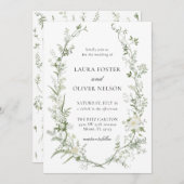 白エレガントと緑の野草リース結婚 招待状 (正面/裏面)