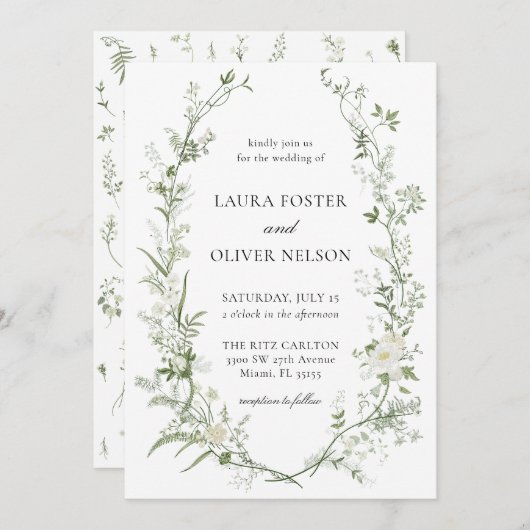白エレガントと緑の野草リース結婚 招待状 (正面/裏面)