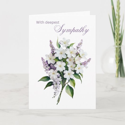 白エレガントと薄紫の花の最も深い悔やみや弔慰 カード (正面)