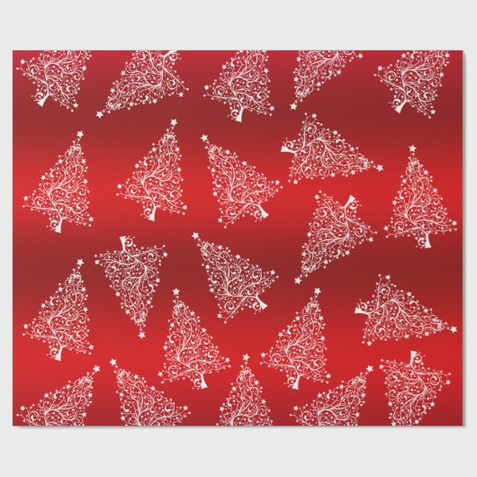 白エレガントと赤のクリスマスツリーパターン ラッピングペーパー (フラット)
