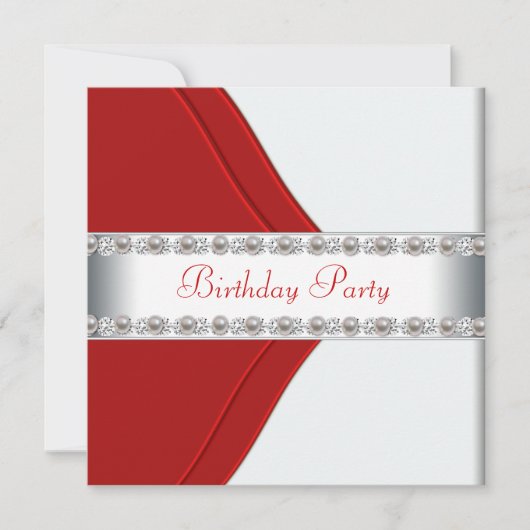 白エレガントと赤の女性の誕生日パーティー 招待状 (正面)