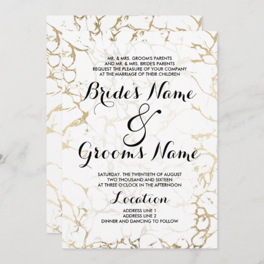 白エレガントと金ゴールドのシックな大理石のラグジュア結婚リー 招待状 (正面/裏面)