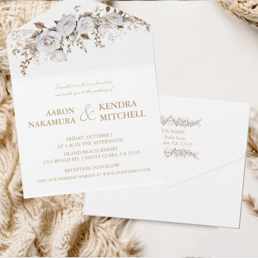 白エレガントと金ゴールドのバラのヴィンテージク結婚レスト オールインワン招待状